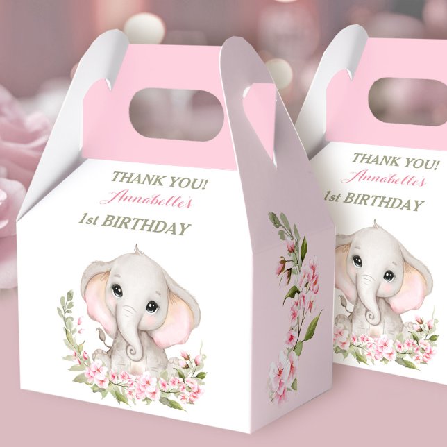 Caixinha De Lembrancinhas Primeiro aniversario Elefante - Primavera de Sakur (Elephant 1st Birthday Girl Spring Pink Sakura Favor Boxes)