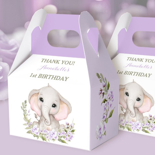 Caixinha De Lembrancinhas Primeiro aniversario-Elefante Primavera Roxo (Elephant 1st Birthday Girl Spring Purple Floral Favor Boxes)