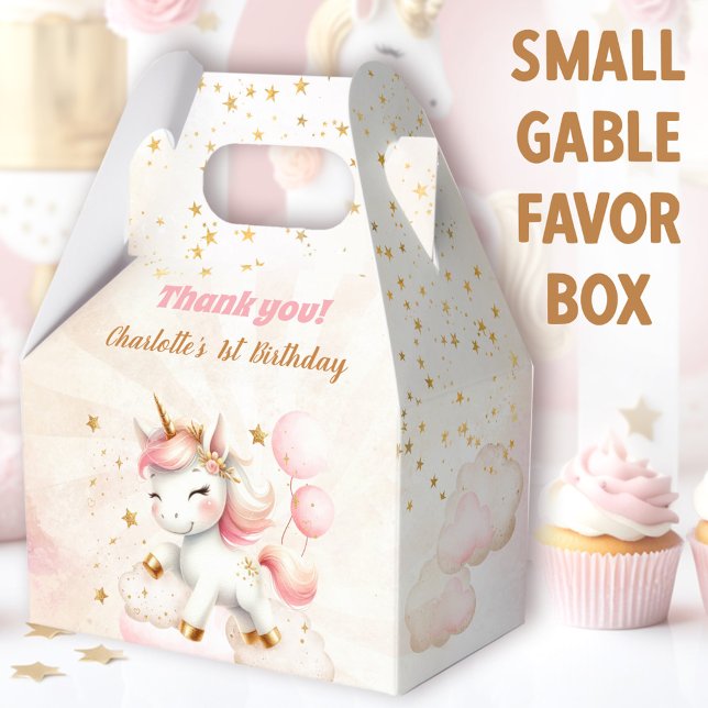 Caixinha De Lembrancinhas Primeiro aniversario Feliz da Unicórica Rosa (Cute Unicorn Small Gable Favor Boxes - You can choose from 3 sizes of these gable favor boxes)