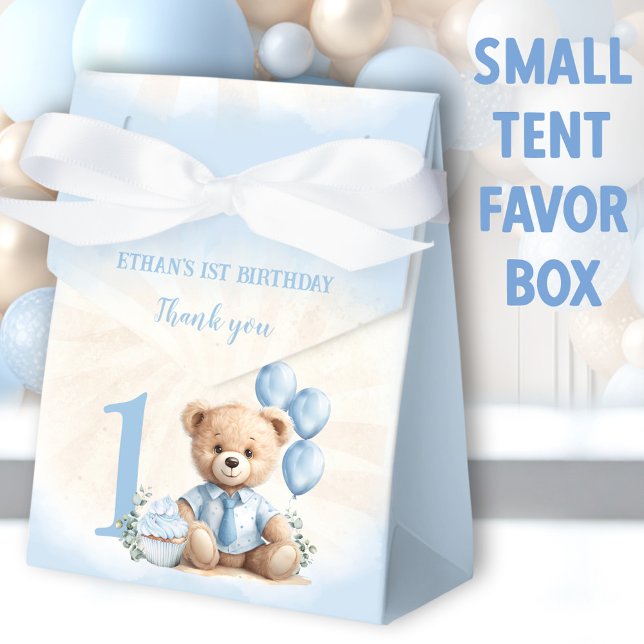 Caixinha De Lembrancinhas primeiro aniversario Menino Azul Cerveja Urso Cinz (Blue Bear Small Tent Favor Boxes - You can choose from 2 sizes of these tent favor boxes)