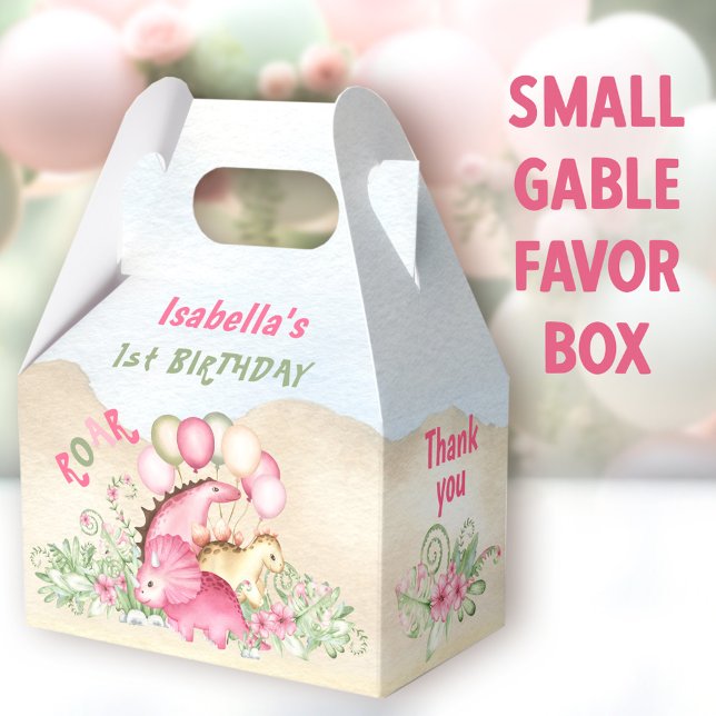 Caixinha De Lembrancinhas Primeiro aniversario Verde Rosa Pastel Dinossauro (Dinosaur Girl Small Gable Favor Boxes - You can choose from 3 sizes of these gable favor boxes)