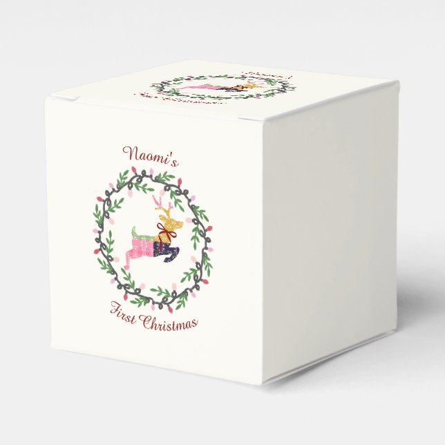 Caixinha De Lembrancinhas Primeiro Veado de Natal com Coroa Personalizada (Frente)