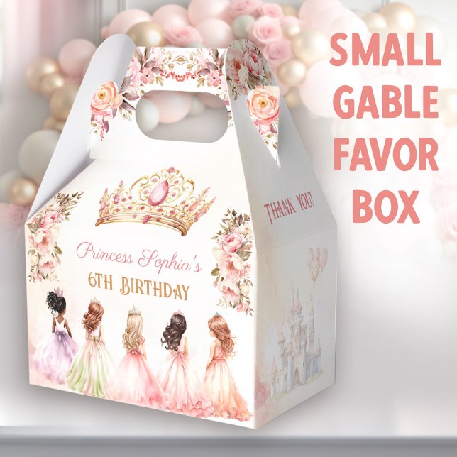 Caixinha De Lembrancinhas Princesa Coroa Rosa Dourada Garota Floral Aniversá (Small gable favor boxes. You can choose from 3 sizes of these gable favor boxes.)