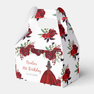 Caixinha De Lembrancinhas Princesa de Cabelo Castanho Floral Vermelho Aniver