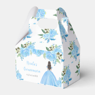 Caixinha De Lembrancinhas Princesa de Cabelo Castanho Quinceanera Floral Azu