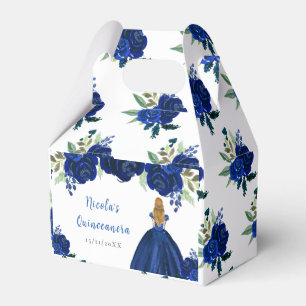 Caixinha De Lembrancinhas Princesa de Cabelo Loiro Navy Floral Quinceanera