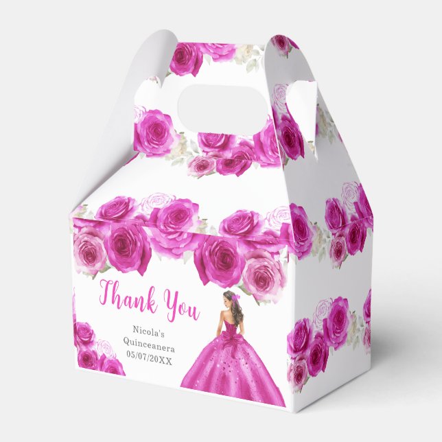 Caixinha De Lembrancinhas Princesa no Vestido Rosa Quente Quinceanera Obriga (Frente)