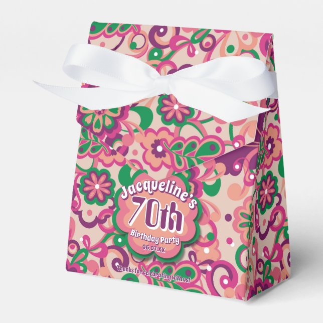 Caixinha De Lembrancinhas Psicodélica rosa Groovy 60s 70s Aniversário Floral (Frente)