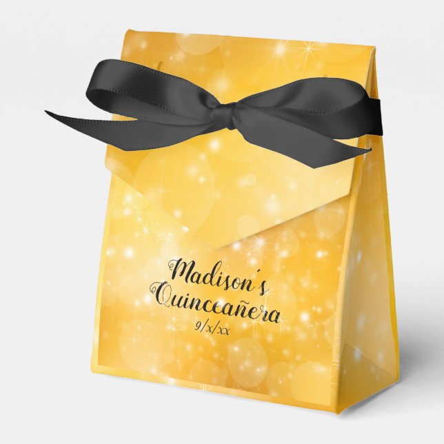 Caixinha De Lembrancinhas Quinceanera Elegante Dourada, Sparkle (Frente)
