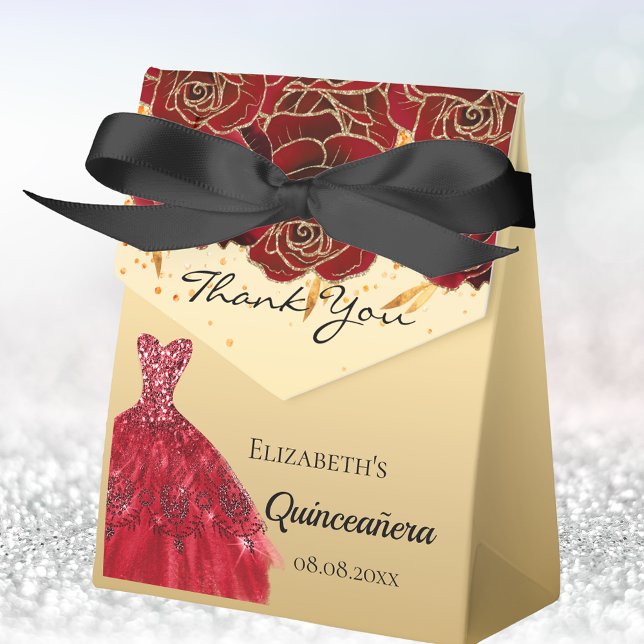 Caixinha De Lembrancinhas Quinceanera red gold florais vestidos obrigado voc (Criador carregado)