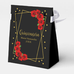 Caixinha De Lembrancinhas Quinceañera rosa vermelha Preta e Dourada