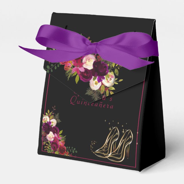 Caixinha De Lembrancinhas Quinceanera Rosas vermelhas Douradas de salto alto (Frente)