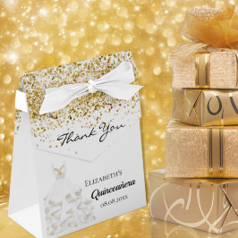 Caixinha De Lembrancinhas Quinceanera, vestido branco de ouro, obrigado