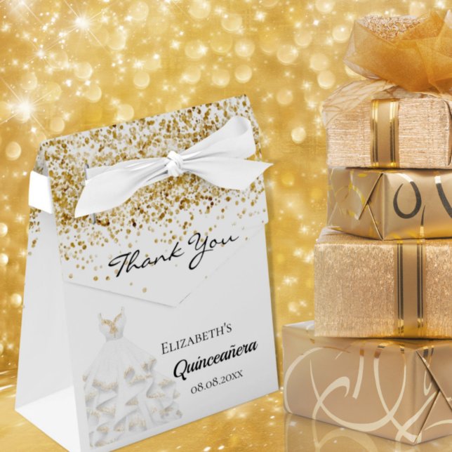 Caixinha De Lembrancinhas Quinceanera, vestido branco de ouro, obrigado (Criador carregado)