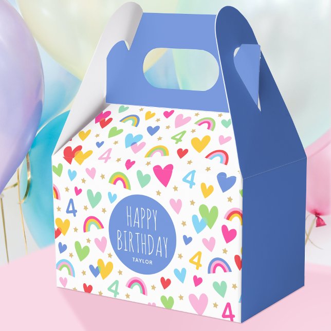 Caixinha De Lembrancinhas Rainbow Hearts 4th Birthday Party Name Blue (Criador carregado)