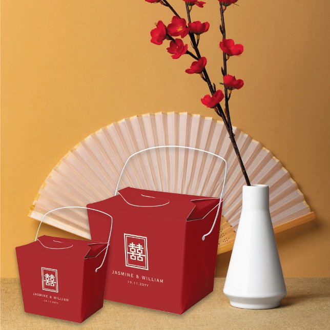 Caixinha De Lembrancinhas Retângulo Clássico Dupla Felicidade Casamento Chin (Ivory/Red Classic Rectangle Double Happiness Chinese Wedding Party Favor Boxes @ fatfatin_red_knot)