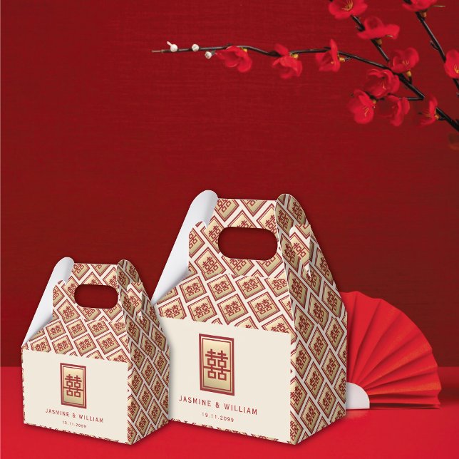 Caixinha De Lembrancinhas Retângulo Dourado Dupla Felicidade Chinesa Fa Casa (Gold/Red Classic Rectangle 2 Double Happiness Chinese Wedding Party Favor Boxes @ fatfatin_red_knot)