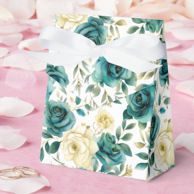Caixinha De Lembrancinhas Romântica Creme Verde-Teal Rosa Floral (Casamento)