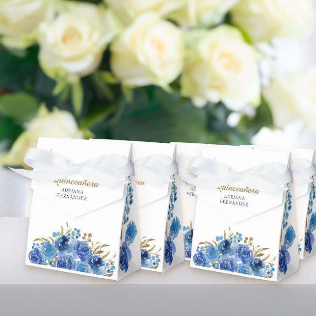 Caixinha De Lembrancinhas Rosa Azul e Folha Personalizada Dourada Folha (Blue rose floral favor boxes from my Rose and Gold Leaf quinceanera collection)