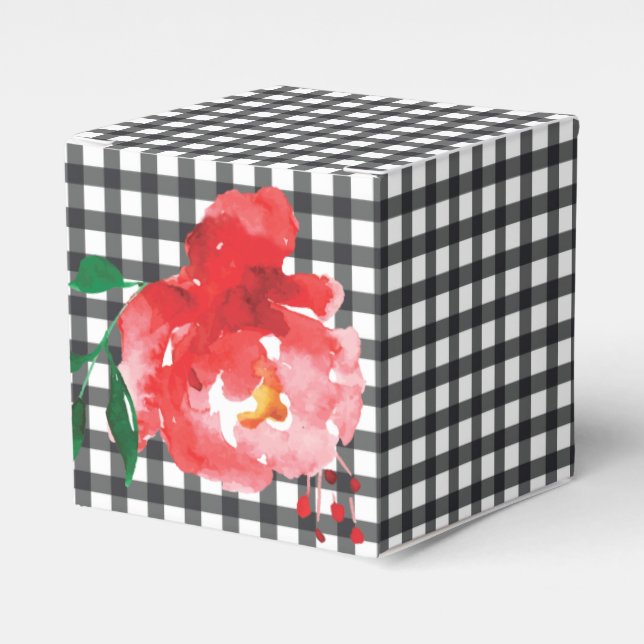 Caixinha De Lembrancinhas Rosa em Gingham Preto e Branco 2" (Frente)