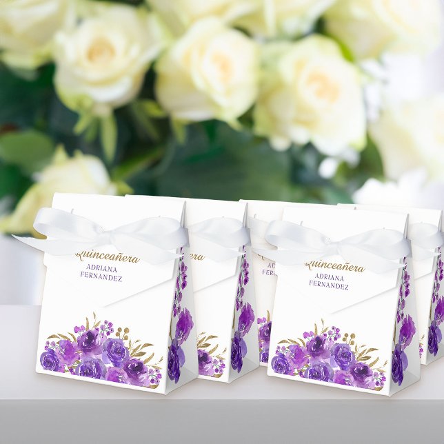Caixinha De Lembrancinhas Rosa púrpura e Folha Dourada Personalizada Floral (Blue rose floral favor boxes from my Rose and Gold Leaf quinceanera collection)