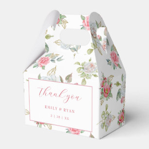 Caixinha De Lembrancinhas Rosas E Folhas Gravadas Douradas Obrigado