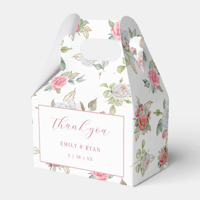 Caixinha De Lembrancinhas Rosas E Folhas Gravadas Douradas Obrigado (Frente)