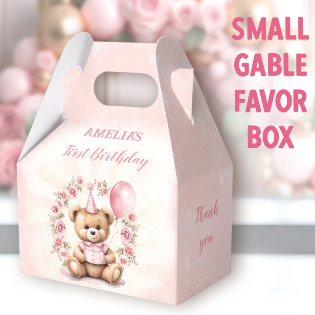 Caixinha De Lembrancinhas Rosas Rosa-primeiro aniversario Urso de Teddy Boni (Bear Roses Small Gable Favor Boxes - You can choose from 3 sizes of these gable favor boxes)