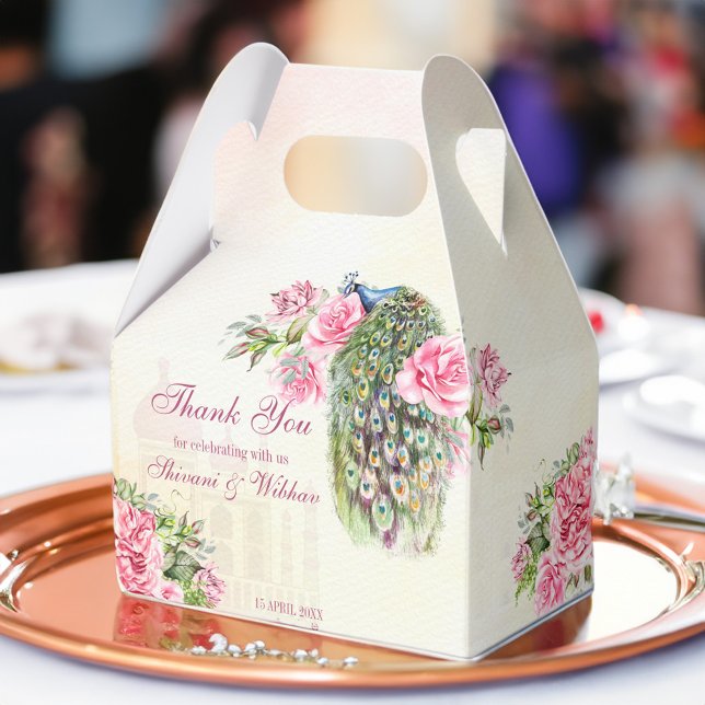 Caixinha De Lembrancinhas Rosas rosa-rosa-da-safra-pavão vitoriana (Victorian peacock vintage pink roses favor box Indian wedding favors peacock favor box)