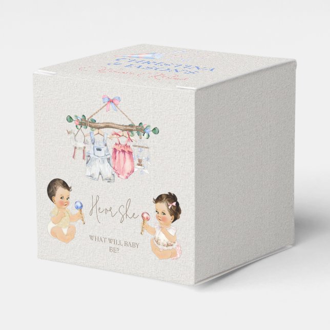 Caixinha De Lembrancinhas Roupas de bebês Sexo Revelação de marfim rosa azul (Frente)