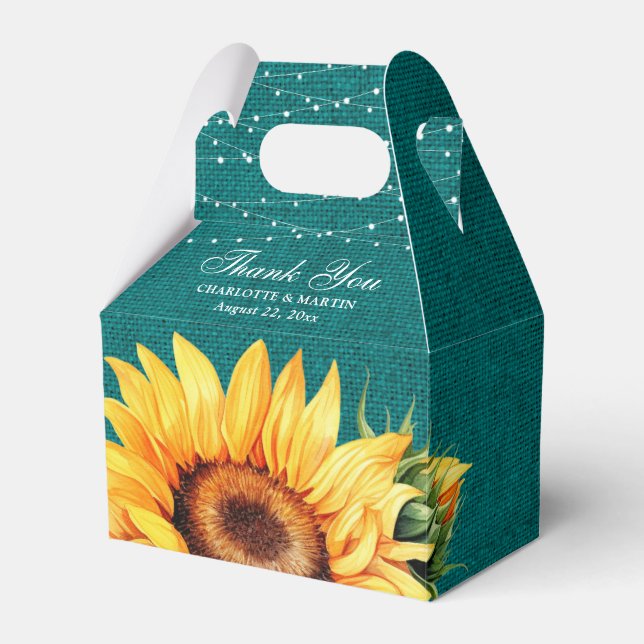 Caixinha De Lembrancinhas Rustic Teal Burlap Sunflower Weding Box (Frente)