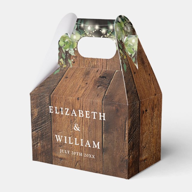 Caixinha De Lembrancinhas Rustic Wood String Lights Greenery Wedding (Frente)
