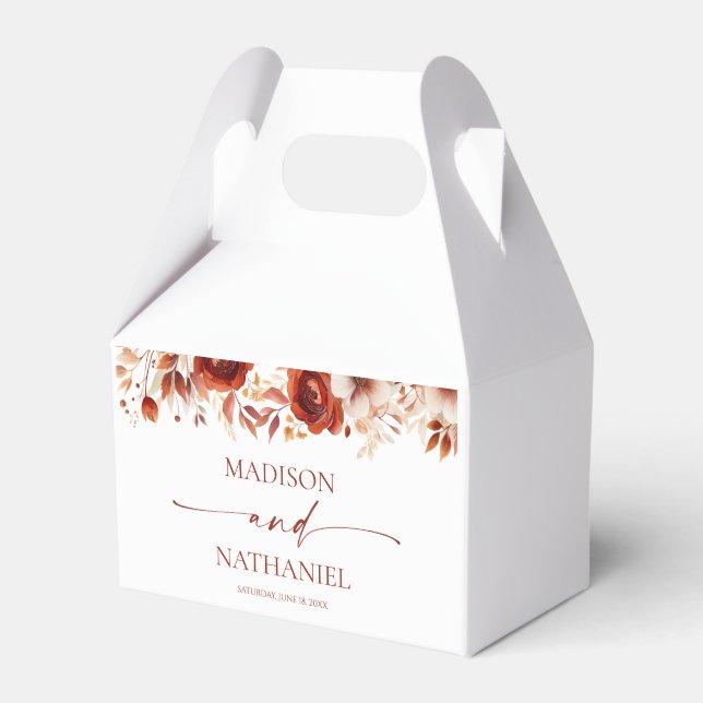 Caixinha De Lembrancinhas Rusty Burgundy Brown Floral Flower Casamento (Frente)