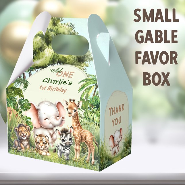 Caixinha De Lembrancinhas Safari Selva Animais Selvagens Selvagens Um primei (Wild One Safari Small Gable Favor Boxes - You can choose from 3 sizes of these gable favor boxes)