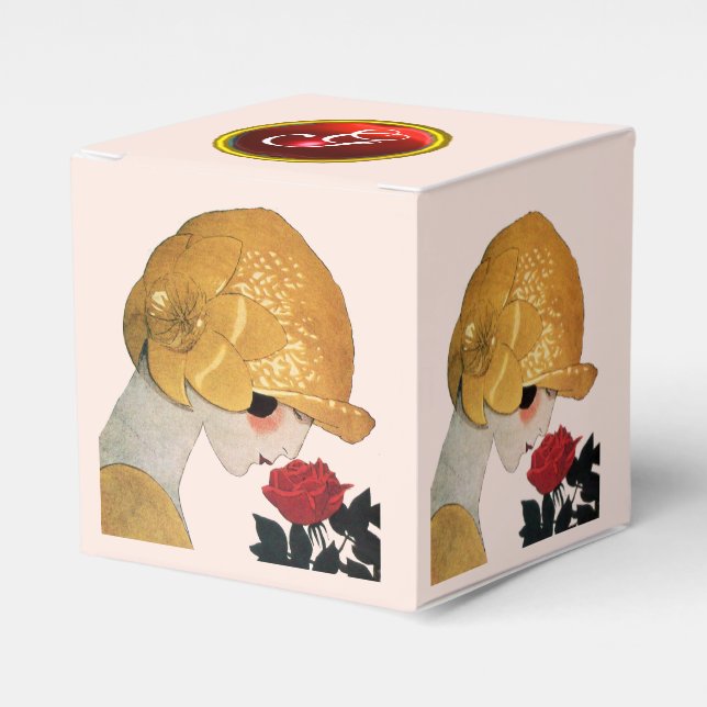 CAIXINHA DE LEMBRANCINHAS SENHORA COM ROSA VERMELHA RUBY GEM STONE MONOGRAMA (Frente)