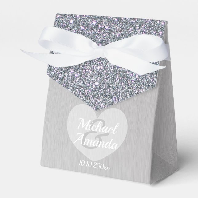 Caixinha De Lembrancinhas Silver Glitter de Casamento Personalizado (Frente)