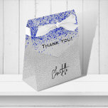 Caixinha De Lembrancinhas Silver royal blue glitter sparkles name thank you<br><div class="desc">An elegant and glamorous birthday or milestone event.  Faux silver looking background with royal blue faux glitter,  sparkles. With the text: Thank You!  Personalize and add your name.  The name is written with a trendy hand lettered style script.</div>