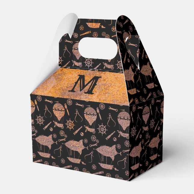 Caixinha De Lembrancinhas Steampunk Rusty Airships Monograma Gable (Frente)