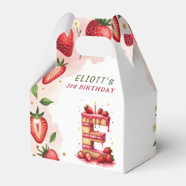 Caixinha De Lembrancinhas Strawberry Birthday Favor Box - Letra E Bolo (Frente)