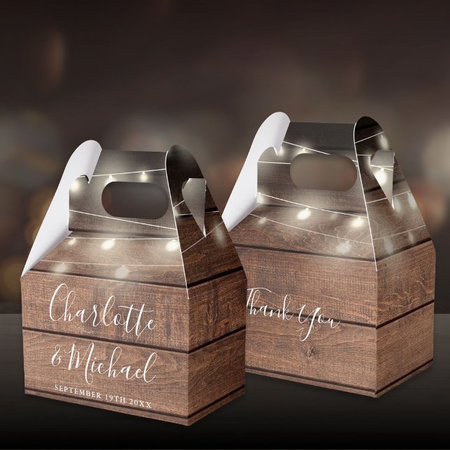 Caixinha De Lembrancinhas String Lights Rustic Wood Signature Casamento (String Lights Rustic Wood Signature Script Wedding Favor Boxes)