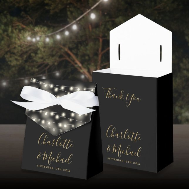 Caixinha De Lembrancinhas String Lights Script Dourado Casamento Preto (String Lights Signature Script Black Gold Wedding Favor Boxes)
