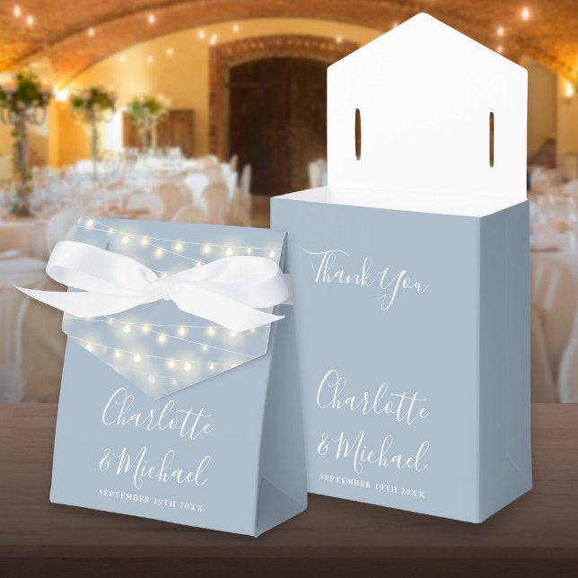 Caixinha De Lembrancinhas String Lights Script Dusty Blue Wedes (String Lights Signature Script Dusty Blue Wedding Favor Box)