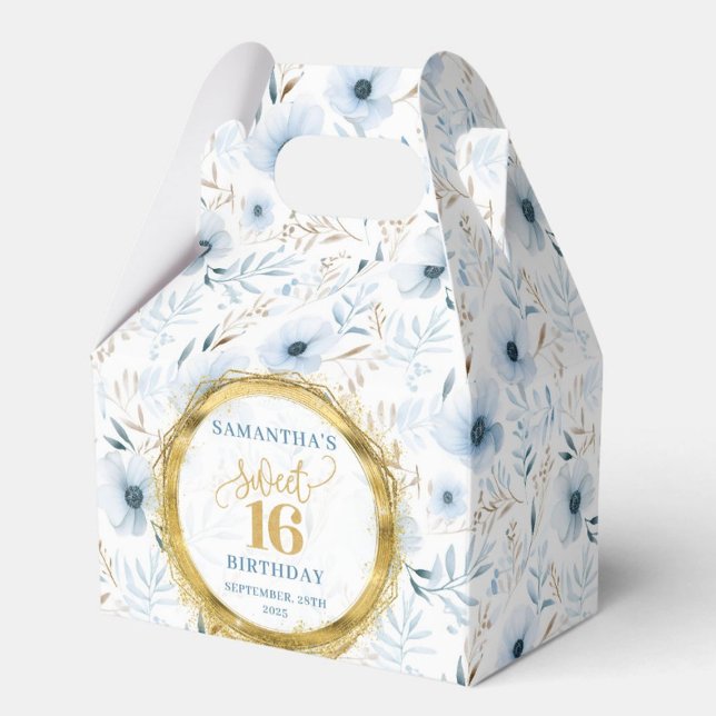 Caixinha De Lembrancinhas Sweet 16 Favor Box Dusty Blue Floral Dourada Glitt (Sweet 16 Favor Box Dusty Blue Floral Gold Glitter)