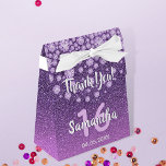 Caixinha De Lembrancinhas Sweet 16 purple pink glitter diamonds<br><div class="desc">An elegant and glamorous 16th birthday favor bag. Purple and pink gradient colored faux glitter with faux diamond sprinkle. Templates for a name, age 16 and a date. Date of birth or the date of the party/anniversary. With the text: Thank You! White and light pink colored letters. The name is...</div>