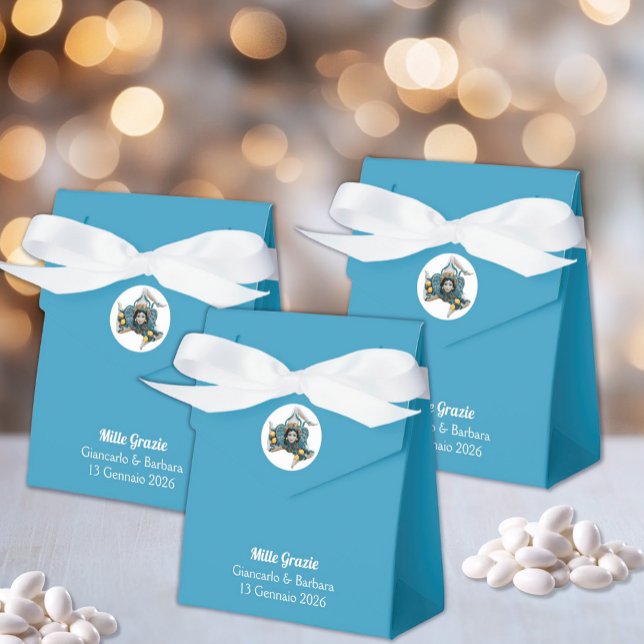 Caixinha De Lembrancinhas Symbol of Sicily Trinacria Medusa Sicilian Blue (Trinacria Symbol of Sicily on Blue Tent Favor Box - Italian Wedding with Custom Wording)