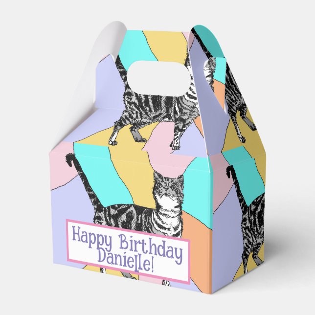 Caixinha De Lembrancinhas Tabby Cat Pastel Birthday Cats Cake Favor Box (Frente)