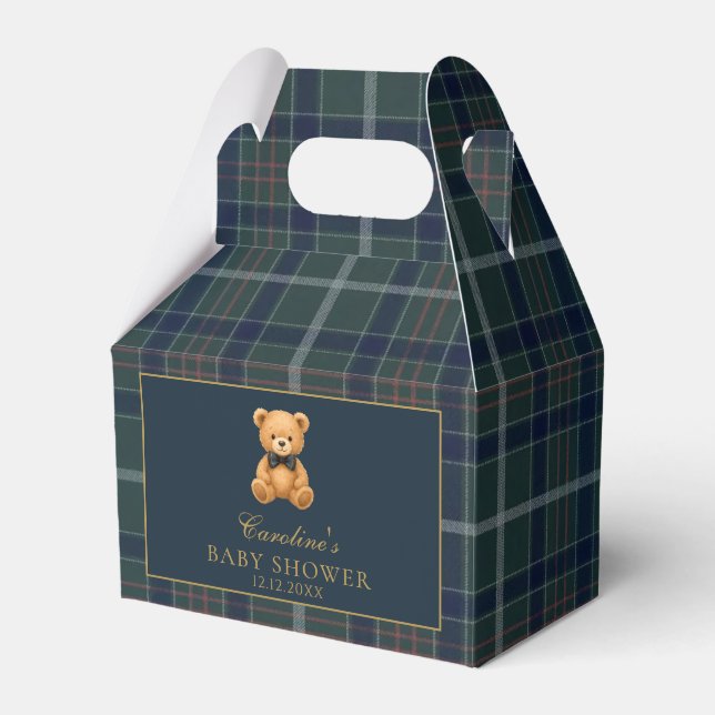 Caixinha De Lembrancinhas Tartan Plaid Teddy Bear Baby Shower Favor Boxes (Frente)