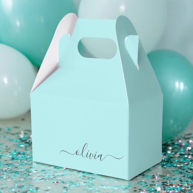 Caixinha De Lembrancinhas Teal Aqua Blue Modern Script Girly Monographic Nam (Criador carregado)