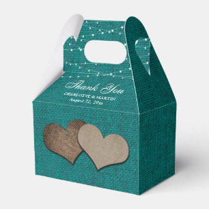 Caixinha De Lembrancinhas Teal Burlap Heart Wedding Obrigado
