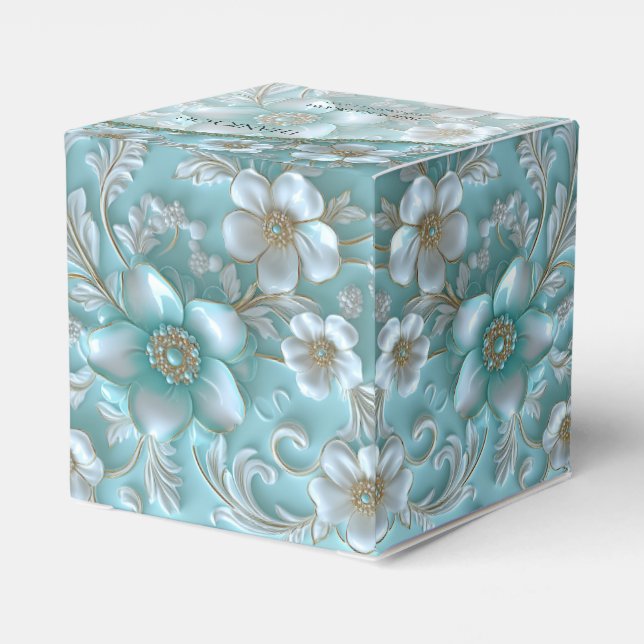 Caixinha De Lembrancinhas Teal White Floral Favor Box (Verso)